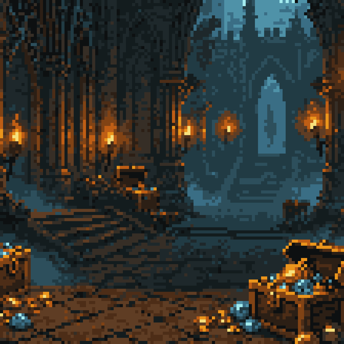 Procedural fantasy dungeon rooms with enemies, quests, loot, and exploration